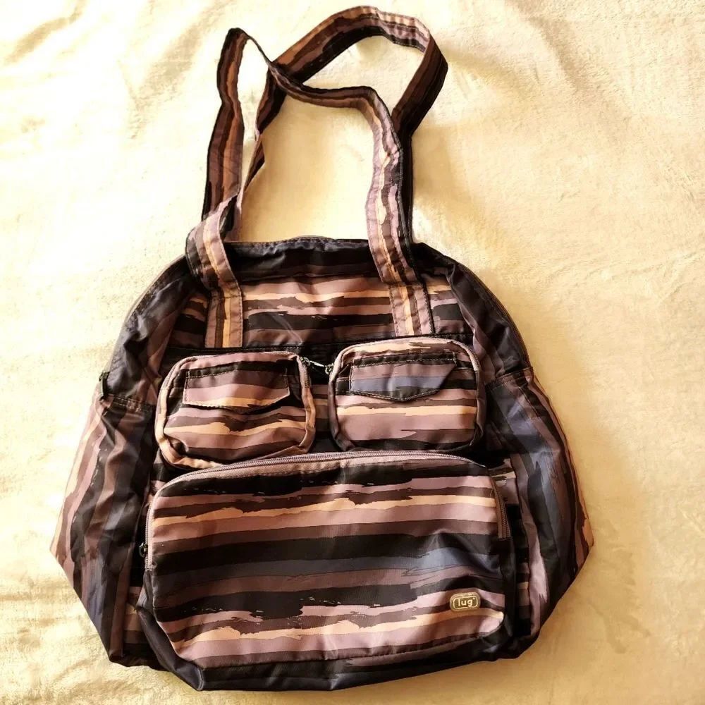 Lug Puddle Jumper Carry All Travel Tote Beige Brown Stripes Pockets Packable